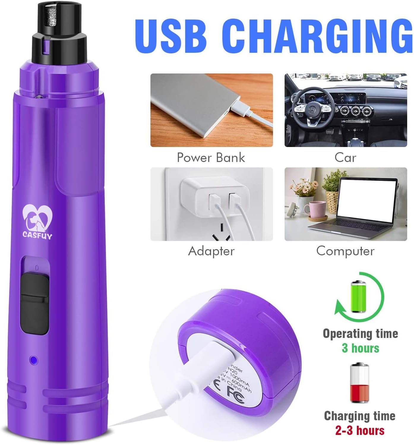 Dog Nail Grinder with LED Light - Upgraded 2-Speed Electric Pet Nail Trimmer Powerful Painless Paws Grooming & Smoothing for Small Medium Large Dogs & Cats (Purple)